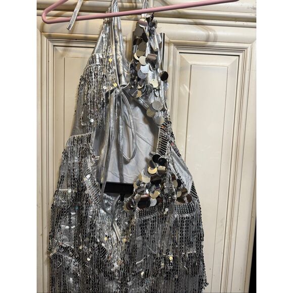 Women's Embellished Sequin Open Back Halter Sleeveless Beyonce Dress Silver XS - Picture 5 of 9